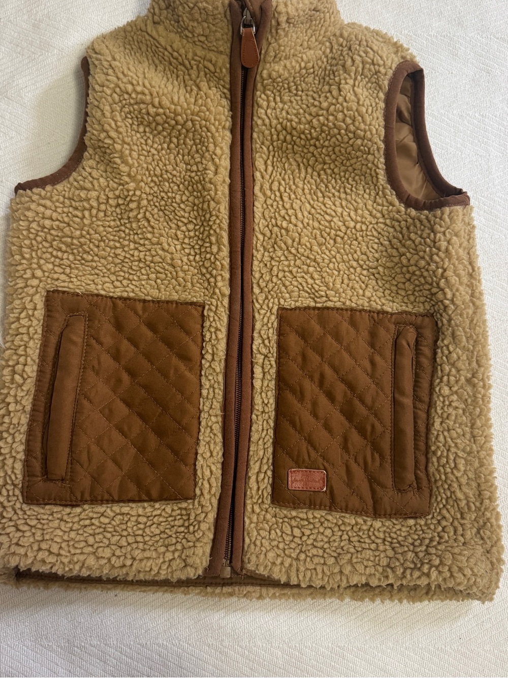 7 For All Mankind Kids Sherpa Vest in Tan with Brown Trim